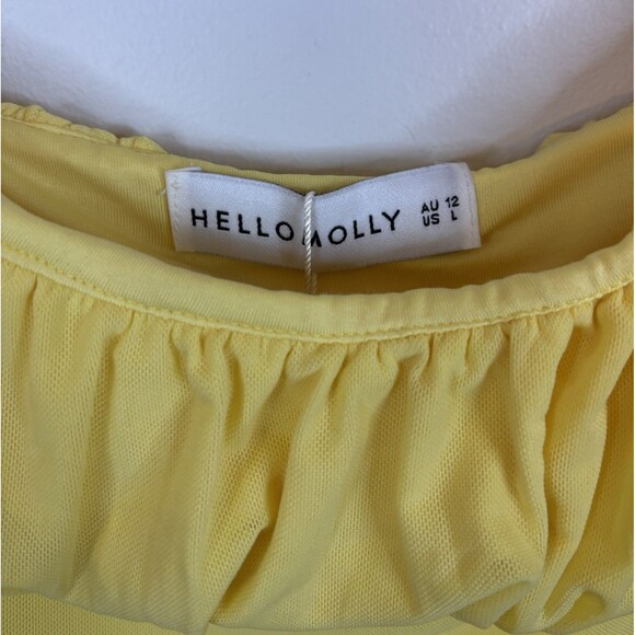 HELLO MOLLY Yellow Gathered Bust Mini Bodycon Dress Large Straps Stretch Spring - Picture 2 of 15